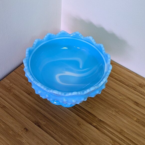 Fenton Blue White Marble Slag Hobnail Footed Covered Dish - Picture 2 of 4